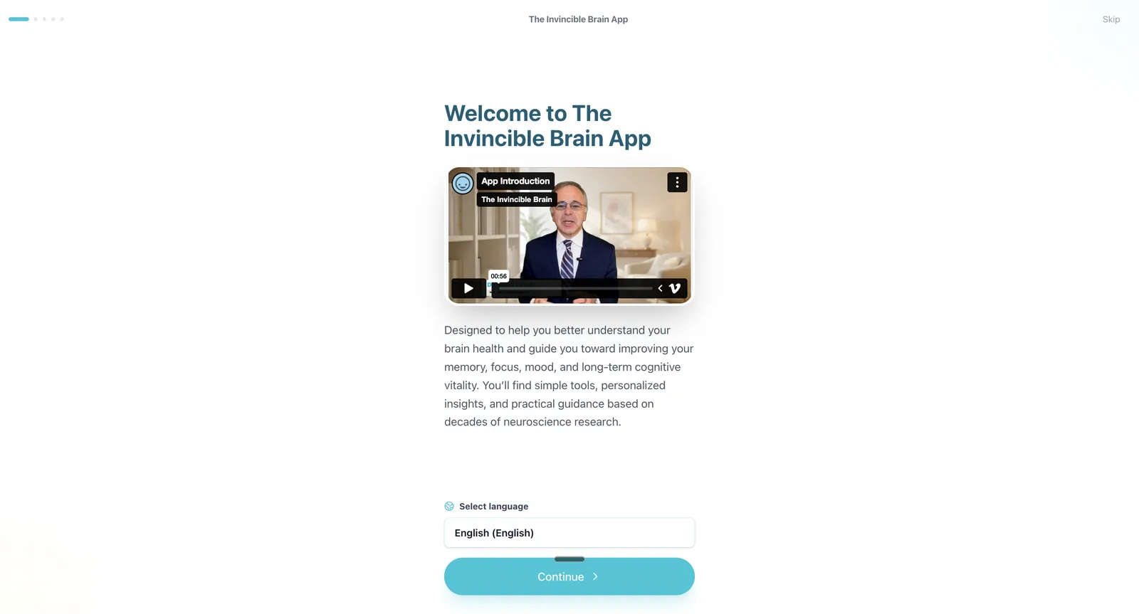 The Invincible Brain App welcome screen