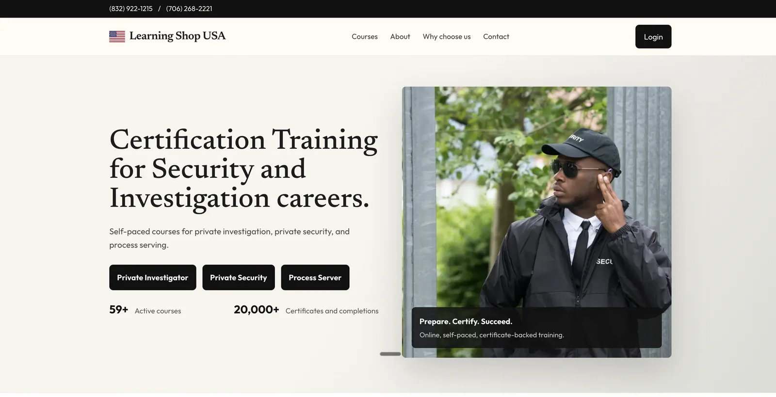 LearningShop USA homepage — security and investigation certification training